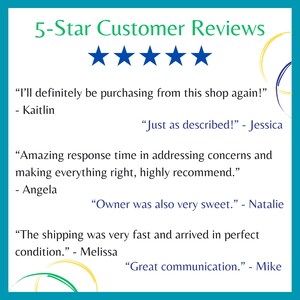 May include: Image displaying 5-star customer reviews. The text includes positive feedback such as "Just as described!" and "Amazing response time." The reviews are accompanied by blue stars, indicating high ratings. The overall theme is customer satisfaction.