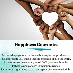 May include: Image featuring a heart shape formed by diverse hands in fists, symbolizing unity. The text "Happiness Guarantee" is displayed below, along with a message about caring for customers and merchandise.