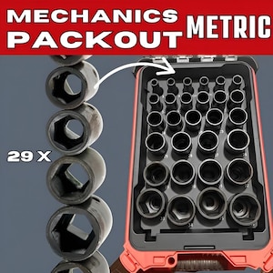 Könnte beinhalten: Ein rotes und schwarzes MECHANICS PACKOUT METRIC Werkzeugset. Das Set enthält eine Vielzahl von schwarzen Steckschlüsseln, die in einem roten Koffer angeordnet sind. Das Bild zeigt auch einen Stapel von 29 Steckschlüsseln. Der Text "29 X" ist sichtbar.