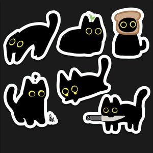 Cute Black Cat Sticker Set ~ 6 Ct. Glossy Vinyl Waterproof Cute & Funny Animal Meme Stickers for Water-Bottles, Laptops, Gifts etc.