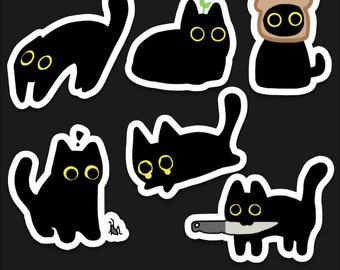 Cute Black Cat Sticker Set ~ 6 Ct. Glossy Vinyl Waterproof Cute & Funny Animal Meme Stickers for Water-Bottles, Laptops, Gifts etc.
