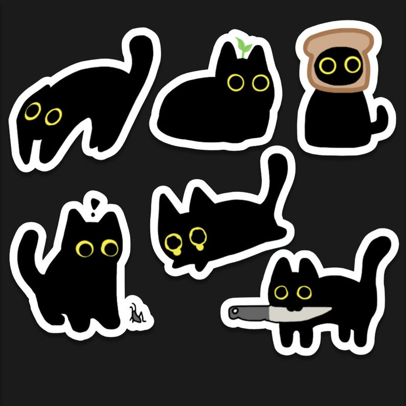Cute Black Cat Sticker Set 6 Ct. Glossy Vinyl Waterproof Cute & Funny Animal Meme Stickers for Water-Bottles, Laptops, Gifts etc. zdjęcie 1