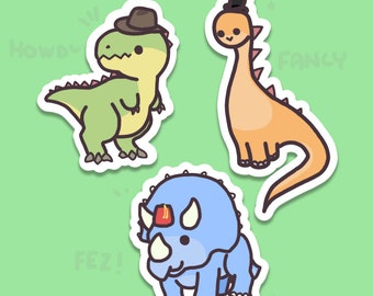 Cute Dinosaurs With Hats Sticker Pack! ~ Glossy Vinyl Waterproof Funny Kawaii Dino Stickers for Water-Bottles Laptops Gifts etc.