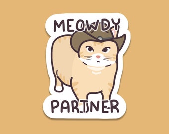 Meowdy Cute Cowboy Cat Sticker ~ Cute Waterproof Tabby Cat Decal for Water Bottles Laptops etc. Kawaii Funny Animal Meme Stickers