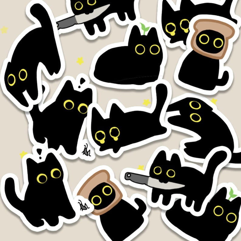 Cute Black Cat Sticker Set 6 Ct. Glossy Vinyl Waterproof Cute & Funny Animal Meme Stickers for Water-Bottles, Laptops, Gifts etc. zdjęcie 2