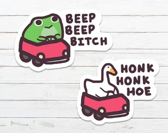 Frog & Goose Driving In Car Sticker ~ Glossy Vinyl Waterproof Cute and Funny Animal Meme Sticker For Water Bottles, Laptops, Gifts etc.