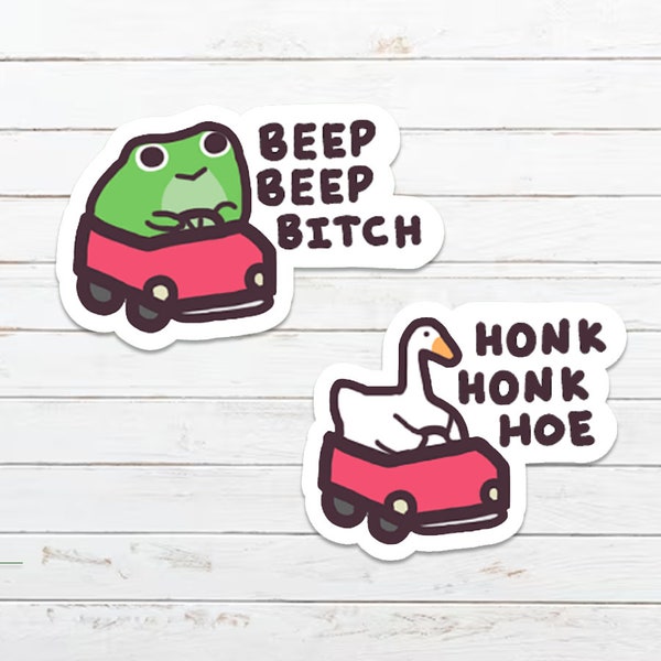 Frog & Goose Driving In Car Sticker ~ Glossy Vinyl Waterproof Cute and Funny Animal Meme Sticker For Water Bottles, Laptops, Gifts etc.