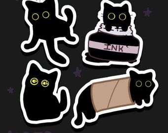 Cute Black Cat Sticker Set ~ 4 Ct. Vol. 2! Glossy Vinyl Waterproof Cute & Funny Animal Meme Stickers for Water-Bottles, Laptops, Gifts etc.