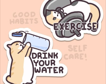 Self Care Cat Stickers - Drink Water Cat Sticker and Exercise Cat | Cute Water-Bottle Stickers, Stay Hydrated Decal, Car Decal, Kawaii Vinyl