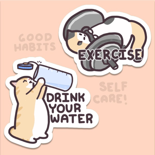 Self Care Cat Stickers - Drink Water Cat Sticker and Exercise Cat | Cute Water-Bottle Stickers, Stay Hydrated Decal, Car Decal, Kawaii Vinyl