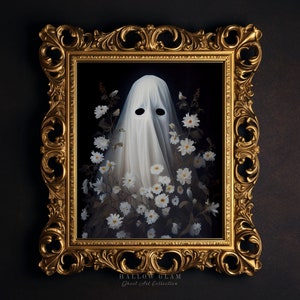 Ghost Among Flowers Art Print: Dark Academia Halloween Decor (Digital Download)
