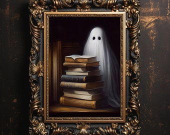 Ghost Choosing a Book in the Library, Reading Lover Gift, Dark Academia, Halloween Decor, Ghost, Vintage Poster, Art Poster Print - P64