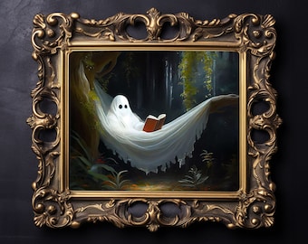 Ghost Reading a Book in a Hammock Print, Dark Academia Decor, Gothic Painting, Halloween Print, Art Poster Print, Vintage Poster - P43