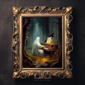 Fantasma che suona il pianoforte nella foresta, stampa di fantasmi, autunno spettrale, poster musicale, Halloween, Dark Academia, arredamento vintage, pianoforte botanico - P45