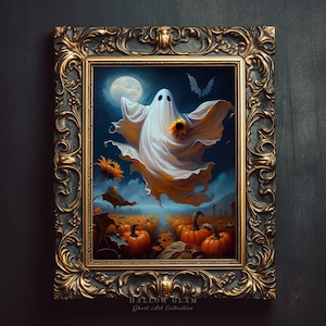 Ghost in the Pumpkin Field Print, Halloween Decor, Ghost Oil Painting, Vintage Poster, Dark Academia, Art Poster Print, Haunting Ghost - P80