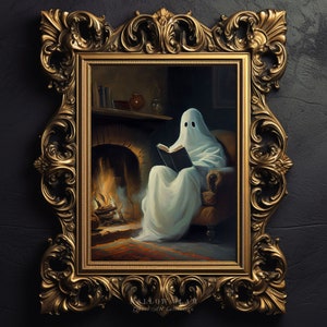 Geist liest ein Buch am Kamin, Kunst Poster, Halloween Dekoration, Vintage Poster, Haunting Ghost, Dark Academia - P86