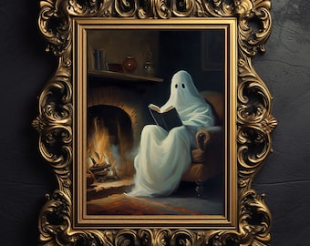 Ghost Reading by Fireplace Art Print: Dark Academia Halloween Decor (Digital Download)
