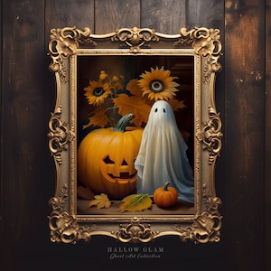 Halloween Ghost and Pumpkins Print, Oil Painting, Vintage Poster, Ghost Art print, Wall Art, Dark Academia, Halloween Decor - P61