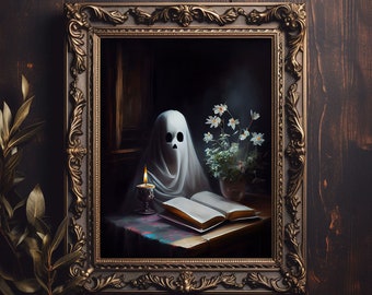 Reading Ghost Print: Gothic Library, Halloween Decor (Digital Download)