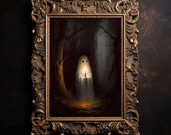 Ghost in the Forest by Candlelight, Vintage Dark Academia Aesthetic Printable Wall Art, Ghost Art Poster Print, Halloween Decor - P35