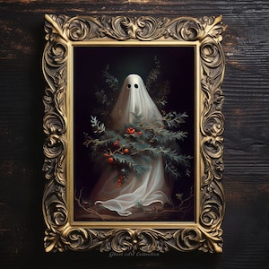 Geist Verstrickt in Weihnachtsdekoration, Vintage Poster, Kunst Poster Druck, Dark Academia, Spukender Geist, Halloween Dekor - P87