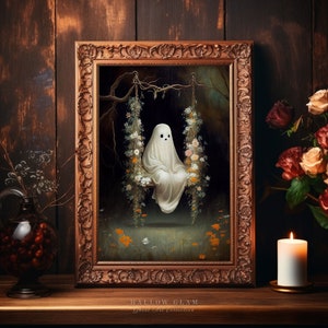 Ghost on the Floral Swing Print, Dark Academia, Vintage Poster, Halloween Art, Flowers, Botanical Forest, Haunting Ghost - P41