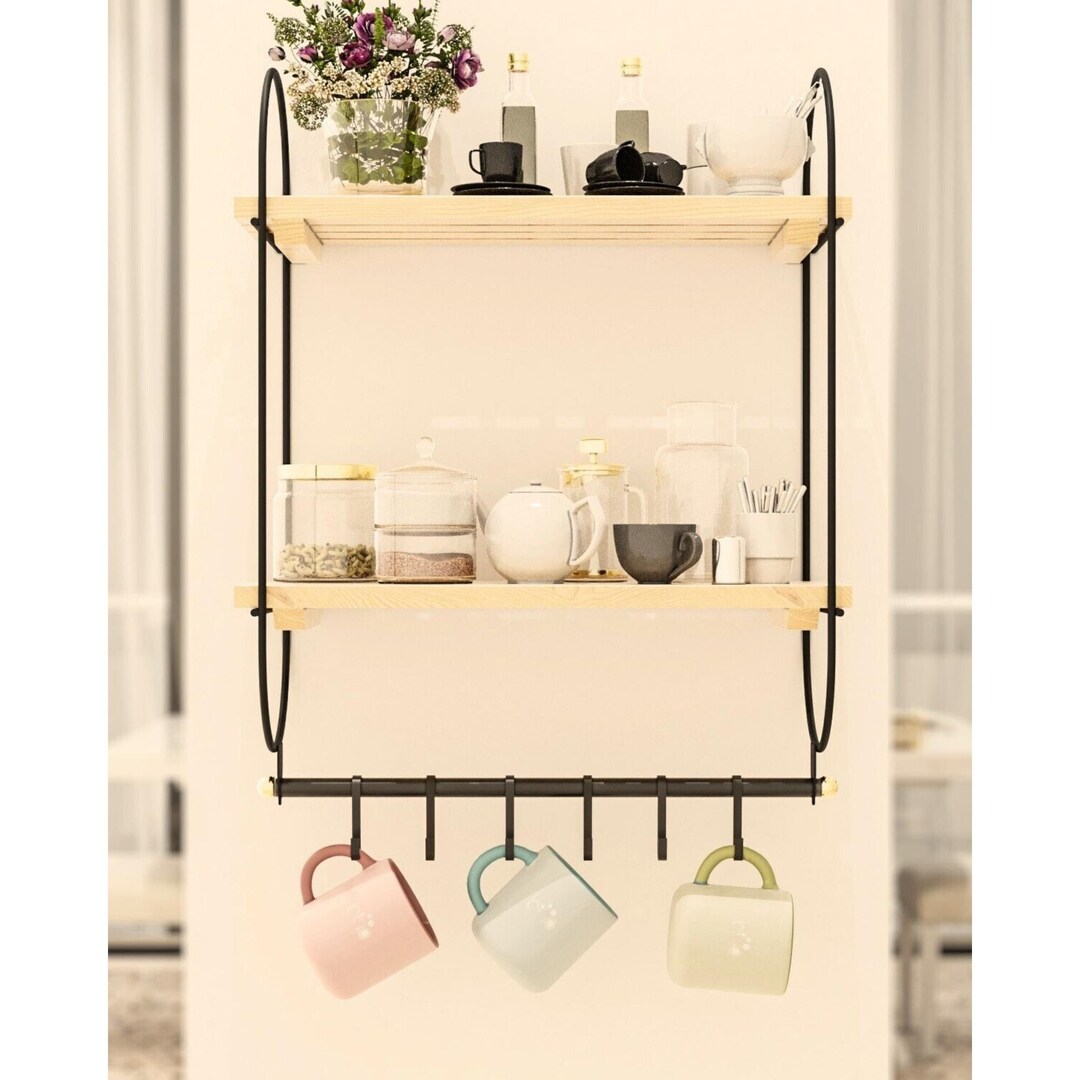 Wall Mounted Kitchen Shelf With 6 Hooks 2tier Floating Etsy