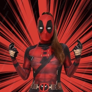 May include: Red and black Deadpool costume with a mask, gloves, and belt. The costume features a red and black color scheme with a Deadpool logo on the belt. The background is a red burst design.