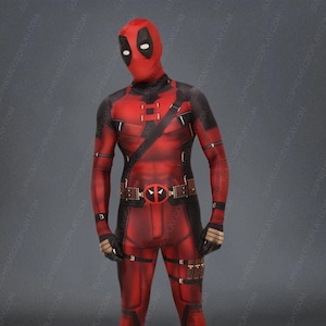 May include: A red and black Deadpool costume with a mask, belt, and pouches. The costume is made of a stretchy material and has a detailed design.