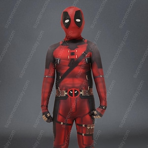 May include: Red and black Deadpool adult cosplay costume.  The suit features detailed muscle definition, a belt with a Deadpool logo buckle, and pouches on the legs. The mask is a full-face Deadpool mask. The costume is shown against a gray background.