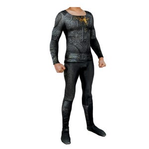 May include: Black and gold bodysuit with a textured, armor-like design. The suit has a high neckline and long sleeves.