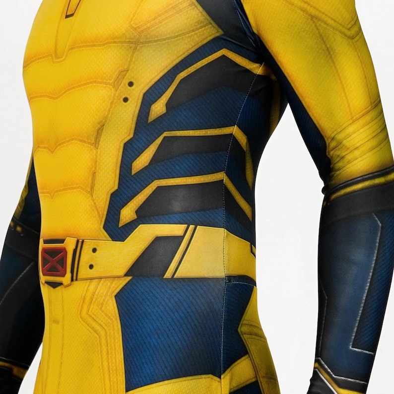 May include: Yellow and blue spandex bodysuit with a black and yellow design. The suit has a belt with a red X on it.