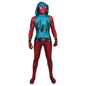 May include: A red and blue spandex costume with a black spider logo on the chest. The costume has a blue hooded top and red pants.