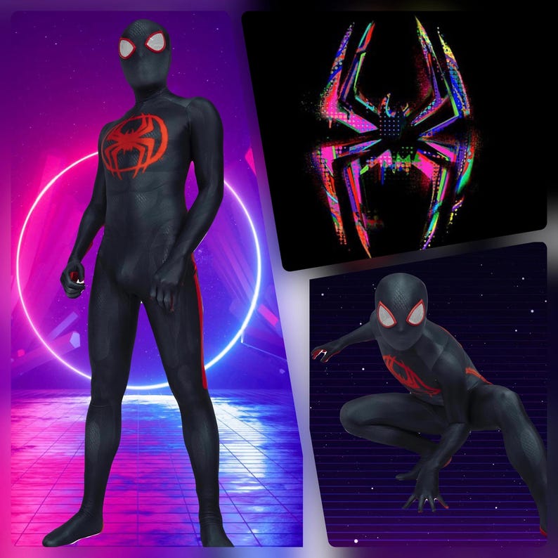 Puede incluir: Un traje de Spider-Man negro y rojo con un logotipo de ara&ntilde;a rojo en el pecho. El traje se muestra en una persona de pie frente a un fondo de color rosa y azul ne&oacute;n. La imagen tambi&eacute;n muestra un primer plano del logotipo de Spider-Man en un estilo pixelado.