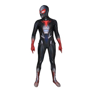 May include: Black and red spandex costume with a spider design. The costume has a black mask with red eyes.