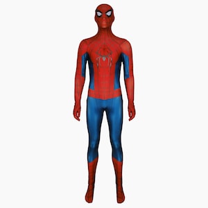 May include: A full-body Spider-Man costume in red and blue. The costume features a red mask with white eye lenses, a red torso with a black spider emblem, and blue sections on the arms and legs. The suit is form-fitting.
