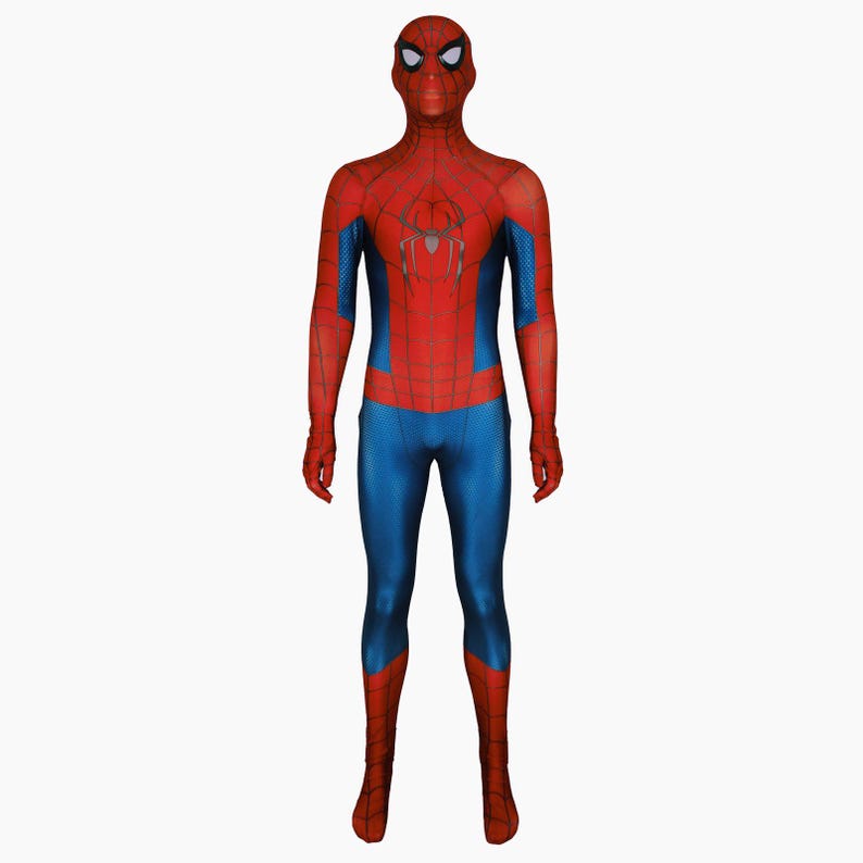 May include: A full-body Spider-Man costume in red and blue. The costume features a red mask with white eye lenses, a red torso with a black spider emblem, and blue sections on the arms and legs. The suit is form-fitting.