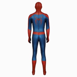 May include: A blue and red superhero costume with a full hood. The back of the suit features a large red spider emblem. The costume has red gloves and boots, with blue fabric covering the rest of the body.