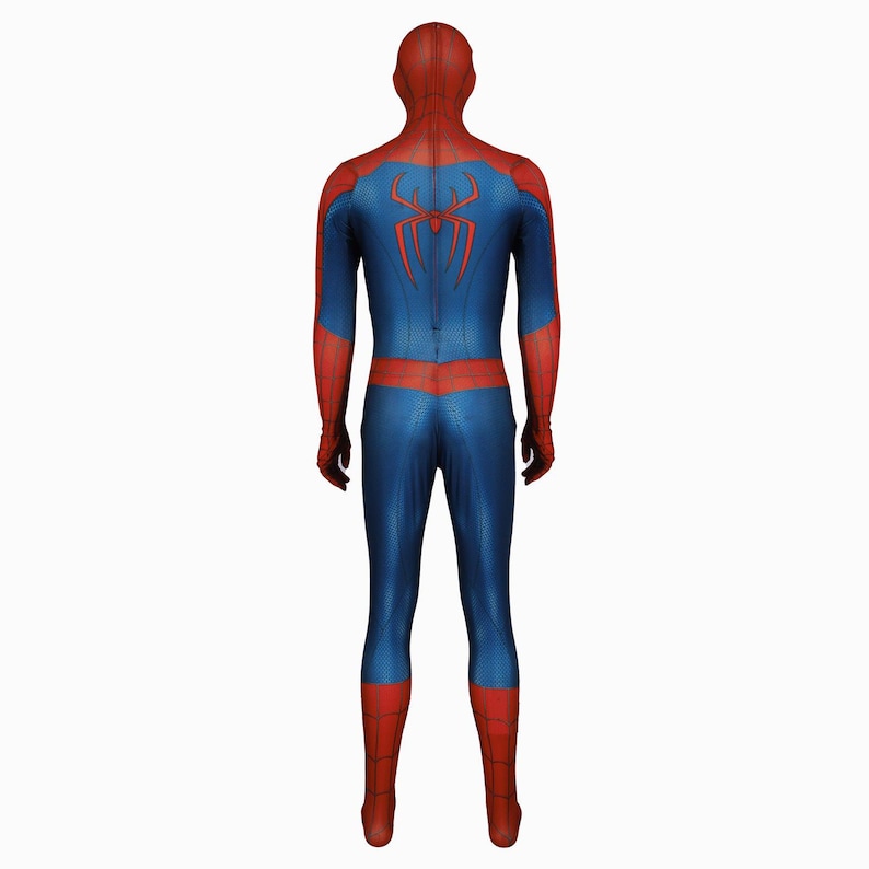May include: A blue and red superhero costume with a full hood. The back of the suit features a large red spider emblem. The costume has red gloves and boots, with blue fabric covering the rest of the body.