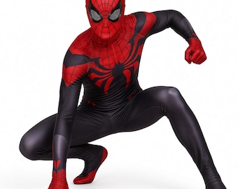 Può includere: Un costume integrale in spandex con una combinazione di colori rosso e nero. La maschera e il petto presentano un motivo a ragnatela nera, mentre il busto e gli arti sono prevalentemente neri con accenti rossi su spalle, mani e piedi.