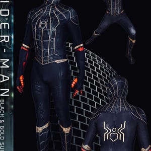 No way home spider suit black and gold cosplay costume detached mask image 2