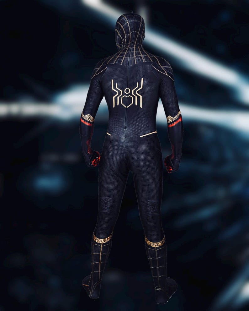 No way home spider suit black and gold cosplay costume detached mask image 4