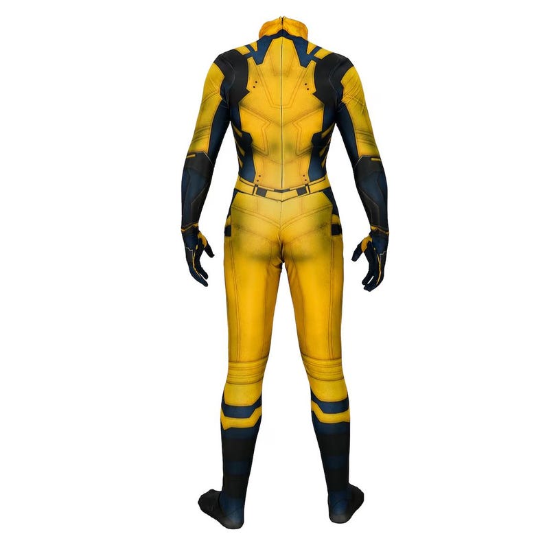 May include: A yellow and black spandex bodysuit with a detailed design. The suit has a high neck and long sleeves.
