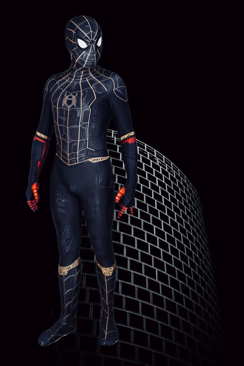 No way home spider suit black and gold cosplay costume detached mask image 3