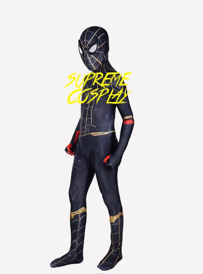 No way home spider suit black and gold cosplay costume detached mask image 5