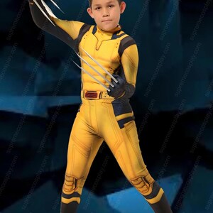 May include: A child dressed as Wolverine, wearing a yellow and black costume with claws extended. The costume has a belt with a red X on it.