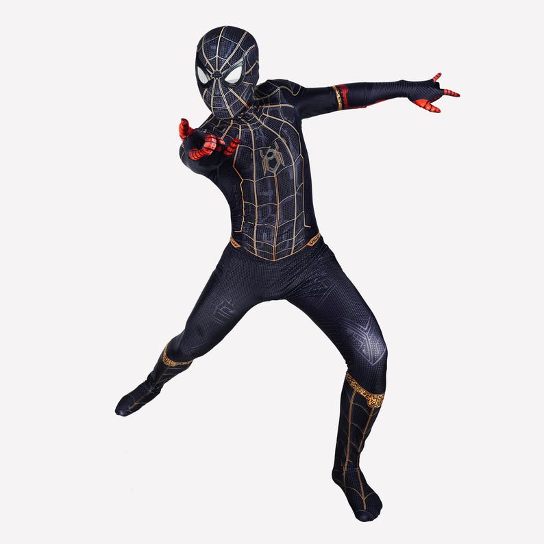 No way home spider suit black and gold cosplay costume detached mask image 8