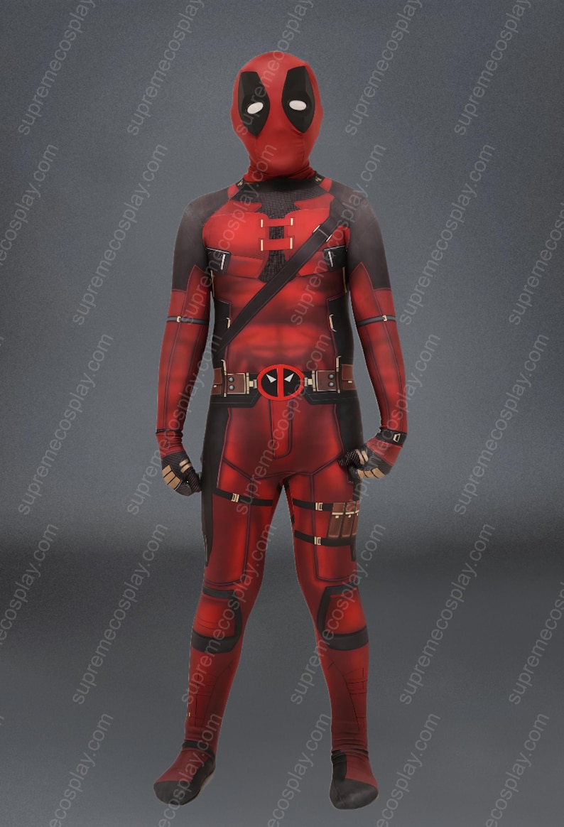 May include: Red and black Deadpool adult cosplay costume.  The suit features detailed muscle definition, a belt with a Deadpool logo buckle, and pouches on the legs. The mask is a full-face Deadpool mask. The costume is shown against a gray background.
