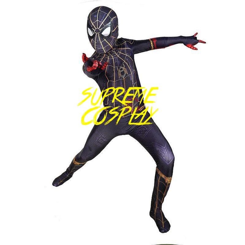 No way home spider suit black and gold cosplay costume detached mask image 6
