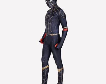No way home spider suit black and gold cosplay costume detached mask